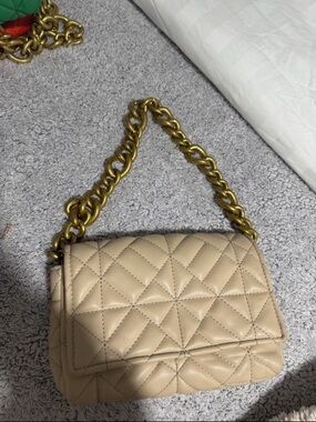 Zara Beige Quilted Shoulder Bag with Antique Gold Chain